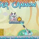 Kolorowa scena z animowanymi potworami, laserowym działkiem i różnorodnymi przeszkodami