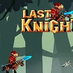 Rycerz w czerwonej zbroi z niebieskim mieczem naprzeciwko smoka szkieletu w lesie, z dużym napisem nad nimi