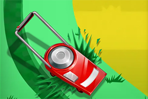 Czerwona kosiarka do trawy na zielonym tle z żółtym półksiężycem, w otoczeniu źdźbeł trawy