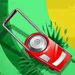 Czerwona kosiarka do trawy na zielonym tle z żółtym półksiężycem, w otoczeniu źdźbeł trawy