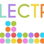 Napis „LECTRO” w kolorowych literach nad rzędami kolorowych okręgów ułożonych w kształcie przypominającym prostokąt