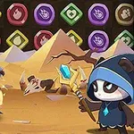 Czarodziej w niebieskim płaszczu z magiczną różdżką przed walką z kamiennym potworem i smokiem na tle pustynnego krajobrazu