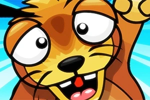 Kreskówkowy rysunek rozbawionego, brązowego zwierzaka z szeroko otwartymi oczami na niebieskim tle