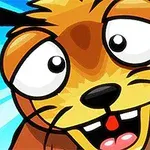 Kreskówkowy rysunek rozbawionego, brązowego zwierzaka z szeroko otwartymi oczami na niebieskim tle