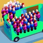 Kolorowy, izometryczny rysunek przedstawiający zielony autobus z dużą liczbą uproszczonych postaci wewnątrz i na zewnątrz pojazdu