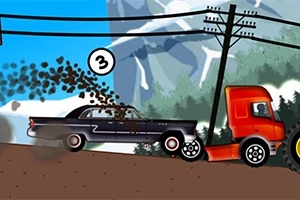 Czarny samochód osobowy uderza w stojącą ciężarówkę pod liniami wysokiego napięcia na tle gór i lasu