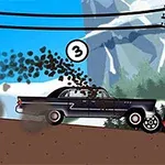 Czarny samochód osobowy uderza w stojącą ciężarówkę pod liniami wysokiego napięcia na tle gór i lasu