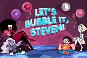 Postacie animowane siedzące na podłodze w kolorowym pomieszczeniu z tekstem Lets Bubble It, Steven!