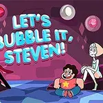 Postacie animowane siedzące na podłodze w kolorowym pomieszczeniu z tekstem Lets Bubble It, Steven!