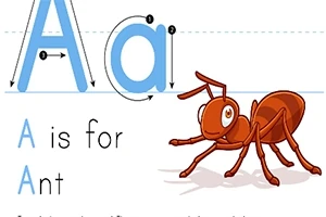 Litera A w zarówno dużej, jak i małej formie, z rysunkiem mrówki obok