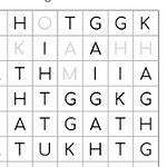 Krzyżówka z literami ułożonymi w kwadracie, zawierająca różnorodne ciągi liter w rzędach i kolumnach