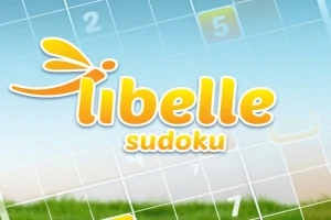 Napis libelle sudoku na tle planszy z dziewięcioelementową siatką z cyframi i gradientowym niebem