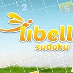 Napis libelle sudoku na tle planszy z dziewięcioelementową siatką z cyframi i gradientowym niebem