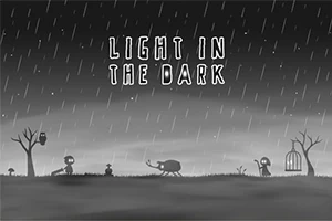Sylwetki postaci i stworzeń na tle deszczu z dużym napisem Light in the Dark