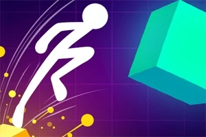 Biały zarys postaci skaczącej w kierunku turkusowego sześcianu na fioletowym tle z żółtymi elementami graficznymi