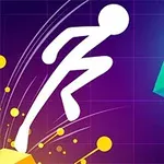 Biały zarys postaci skaczącej w kierunku turkusowego sześcianu na fioletowym tle z żółtymi elementami graficznymi