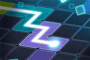 Neonowa linia w kształcie zygzaka na tle siatki z kolorowymi kwadratami