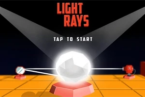 Świecący kryształ na pomarańczowej platformie z promieniami światła i lustrami, otoczony ciemnym tłem, z napisem LIGHT RAYS u góry