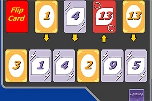 Karty z numerami na dwóch poziomach, z przyciskiem Flip Card i strzałkami wskazującymi w dół