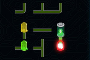 Schemat obwodu z zielonymi i żółtymi diodami LED oraz baterią na ciemnym tle