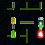 Schemat obwodu z zielonymi i żółtymi diodami LED oraz baterią na ciemnym tle