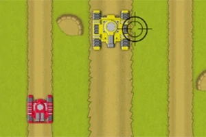 Dwa czołgi na wąskiej, polnej drodze, żółty czołg z celownikiem i czerwony czołg naprzeciwko