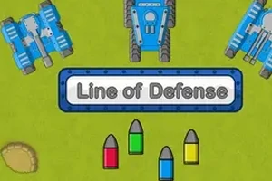 Na zielonym tle znajdują się trzy niebieskie czołgi, napis Line of Defense oraz cztery pociski w różnych kolorach