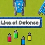 Na zielonym tle znajdują się trzy niebieskie czołgi, napis Line of Defense oraz cztery pociski w różnych kolorach
