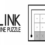 Napis LINK LINE PUZZLE obok ilustracji z dwoma kwadratami z plusami i dwoma z iksami otoczonymi linią z punktami na końcach