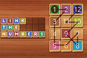 Kolorowe kafelki z cyframi połączone liniami na drewnianym tle i kolorowe litery tworzące napis LINK THE NUMBERS