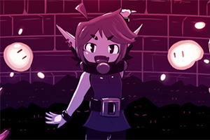 Postać o elfich uszach w ciemnym stroju z podniesioną ręką, na tle rozświetlonych świetlistymi kulami ścian i ciemnej scenerii