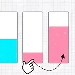 Cztery pionowe pojemniki z kolorowymi cieczami: pomarańczowy z zielonym haczykiem, niebieski do połowy, pusty z różowym wskaźnikiem i różowy do połowy z ręką i strzałką pokazującą gest przesuwania