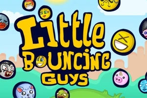 Kolorowy napis „Little Bouncing Guys” otoczony różnorodnymi, uśmiechniętymi i emotikonowymi twarzami na tle nieba i zieleni