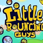 Kolorowy napis „Little Bouncing Guys” otoczony różnorodnymi, uśmiechniętymi i emotikonowymi twarzami na tle nieba i zieleni