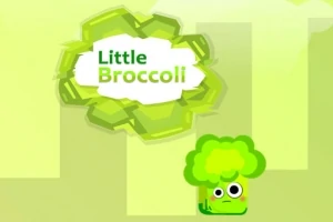 Zielony animowany brokuł z oczami na zielonym tle z napisem Little Broccoli