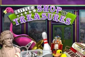 Różnorodne przedmioty, takie jak popiersie, kręgle, plastikowy flaming, nutcracker, joystick i akordeon, z kolorowym szyldem Little Shop of Treasures na środku
