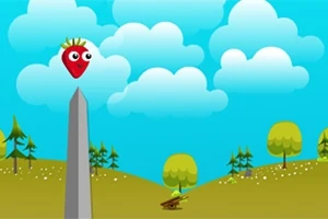 Truskawka z oczami na szczycie szarego obelisku na tle zielonego krajobrazu z drzewami i niebieskim, zachmurzonym niebem