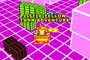 Żółty czołg na tle różowej siatki z zielonymi i brązowymi sześcianami oraz napisem LITTLE YELLOW TANK ADVENTURE