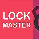 Kolorowy obraz z napisem LOCK MASTER obok stylizowanej kłódki z przyciskiem trójkąta w centrum