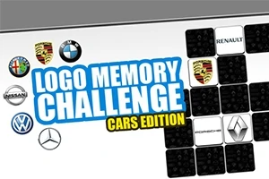 Napis „Logo Memory Challenge Cars Edition” otoczony logotypami różnych marek samochodowych, takich jak Porsche, Renault, i BMW, z układem przypominającym planszę do gry