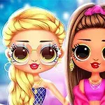 Dwie stylizowane postacie z dużymi oczami, w kolorowych ubraniach i akcesoriach, na tle o intensywnych barwach