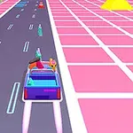 Widok z tyłu na niebieski samochód jadący po futurystycznej, różowej drodze z przeszkodami i kaktusami