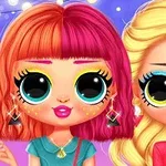 Dwie postacie z dużymi oczami i kolorowymi włosami na fioletowym tle