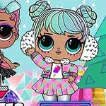 Dwie stylizowane lalki w kolorowych ubraniach zimowych, jedna z kokardą na głowie, druga w nausznikach, na tle geometrycznych wzorów