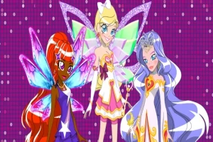 Trzy kolorowe postacie z bajki z dużymi, jasnymi skrzydłami na tle w fioletowym odcieniu z białymi kropkami