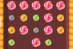 Kolorowe, spiralne cukierki ułożone w rzędach na brązowym tle z kolorową ramką