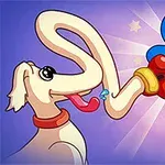 Nieznana postać o niebieskim ciele i koronie siedzi z rękawicą bokserską, obok psa o długim nosie na fioletowym tle z gwiazdkami