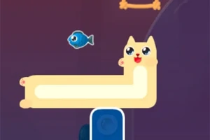 Długi, kremowy kot z uśmiechniętą buzią na ciemnym tle, ścigający się za niebieską rybą i obok niego kość