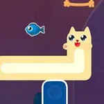 Długi, kremowy kot z uśmiechniętą buzią na ciemnym tle, ścigający się za niebieską rybą i obok niego kość