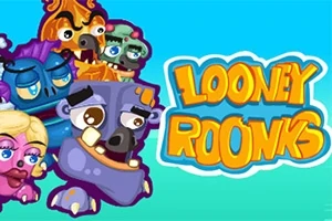 Kolorowe, kreskówkowe potwory w różnych kształtach i rozmiarach obok napisu Looney Roonks na niebieskim tle